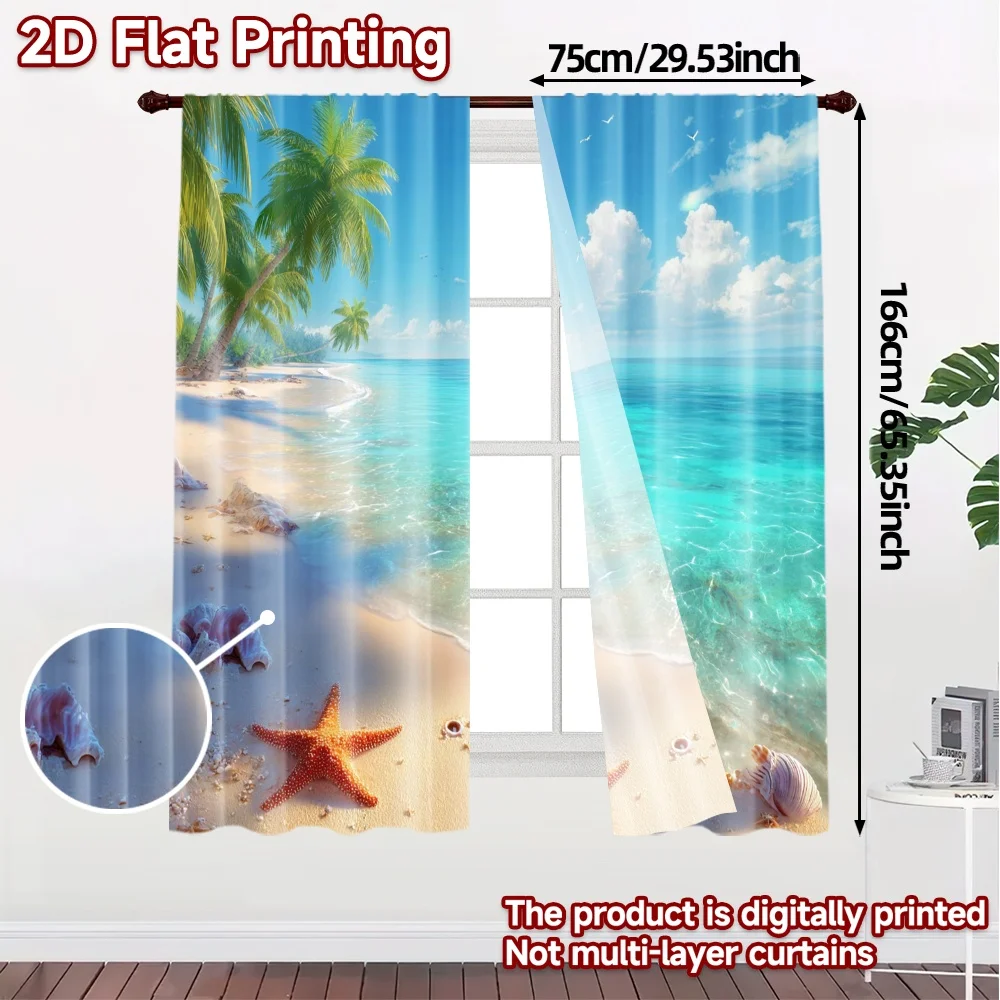 2pcs, 2D FLAT PRINTING Curtains (Without Rod) Seaside Bliss Pattern Popular Curtains Versatile Fabric Curtains Room Decor