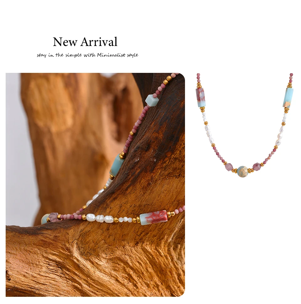 Yhpup Naturstein Süßwasser perlen Rhodochrosit Perlen Kette trend ige handgemachte Halskette goldenen Sommer Edelstahl Schmuck – Detail 5