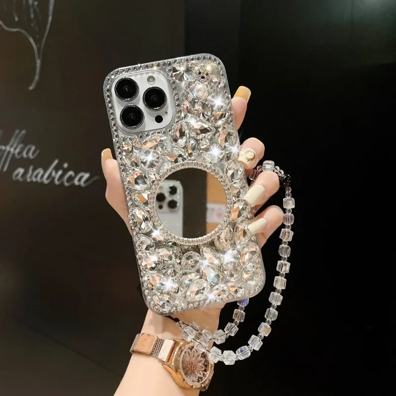 Luxury Diamond Makeup Mirror Cell Phone Case for Huawei P50 P60 Pro Mate 50 60 & Honor 80 90 100 Pro, Fashion, Women, Girls