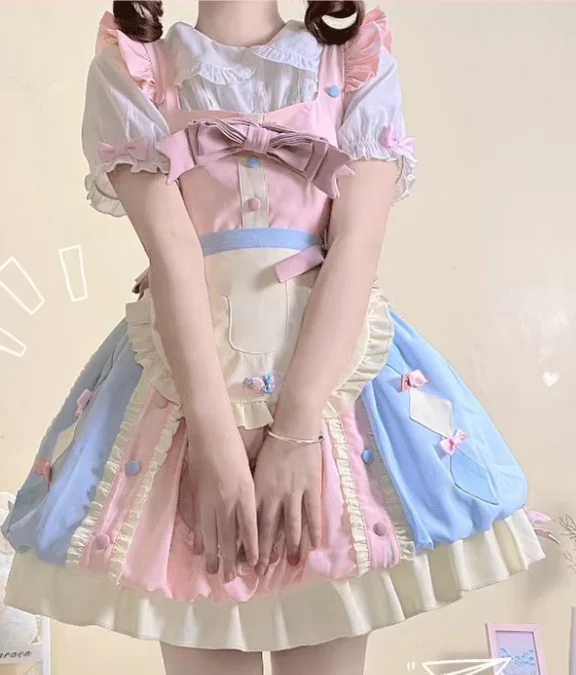 Vestido con tirantes y lazo de Lolita para chica, dulce diario, con cuello cuadrado, a la moda, de cintura alta, corte en A, versátil, con volantes reductores de edad