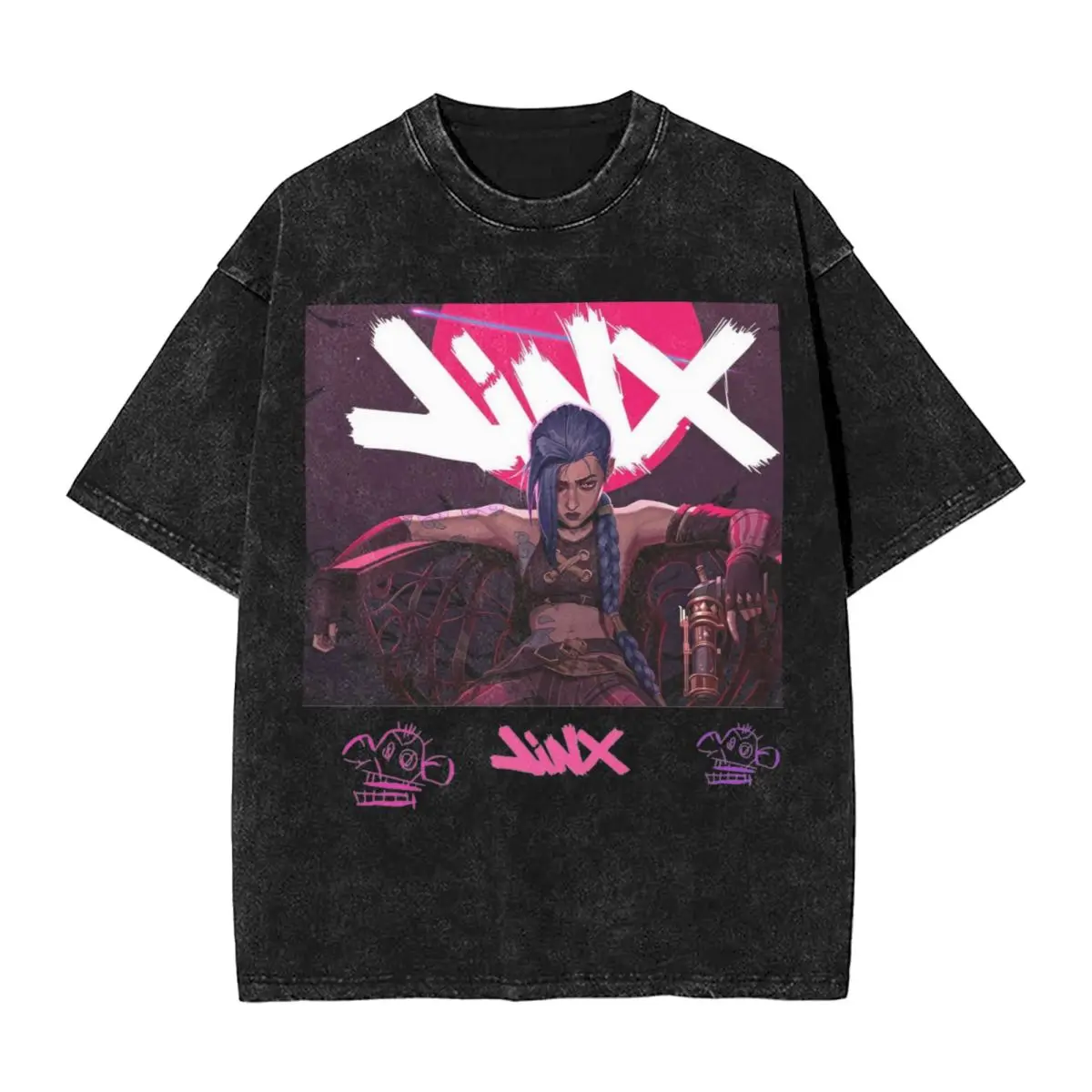 Jinx Arcane Washed T Shirts Streetwear Hip Hop Vintage T-Shirts Jayce Caitlyn Viktor Jesus Vi Sevika Tee Shirt Men Oversize