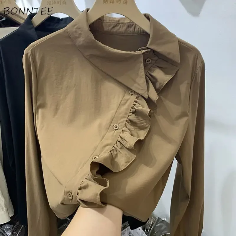 Ruffles Irregular Shirts Women Loose Vintage Personal Trendy Long Sleeve Pure Color Camisas Temper Designer Korean Clothes S-3XL