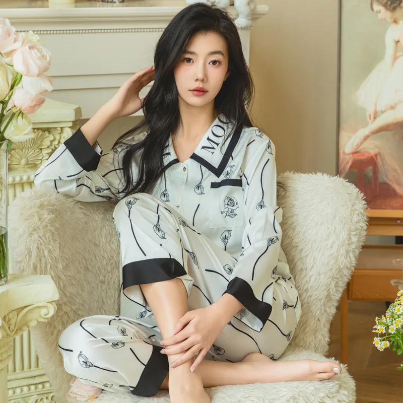 New Pajamas Set Spring Long Sleeve Pants Ice Silk Set Letters Advanced Sense Simple Casual Home Wear Comfortable Pyjamas Sets