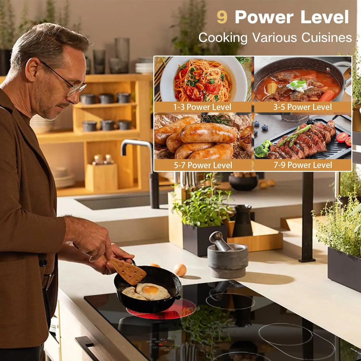 Piano cottura elettrico Piano cottura elettrico da incasso, Fornello elettrico a 4 fuochi 6400 W, Touch Control, Zona estesa, Timer, Blocco di sicurezza, P