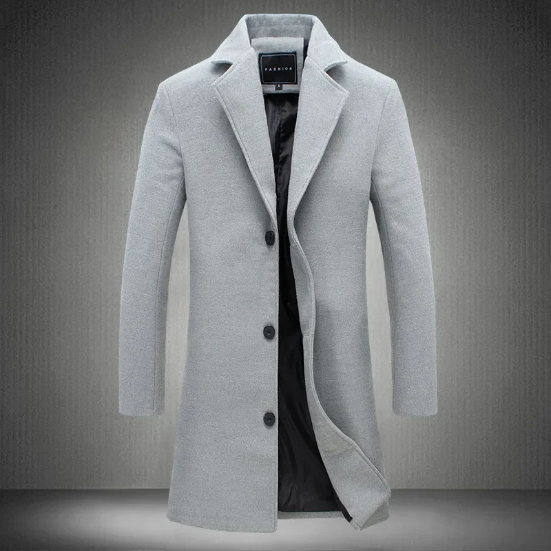 2024 Autumn Winter New Wool Men Long Cotton Coat Blend Pure Color Casual Business Fashion Slim Windbreaker Jacket Men Clothing