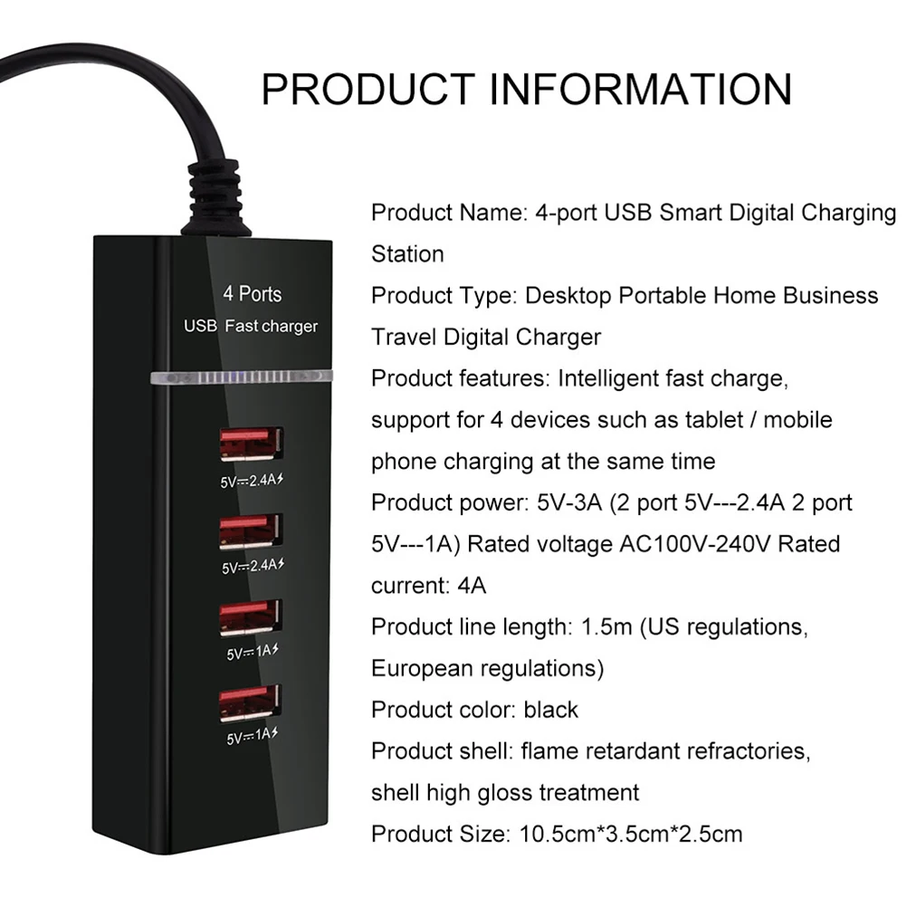 

4-port Charging Cable Plug Adapter EU AC Wall DC 12V 1A Power USB Supply Travel