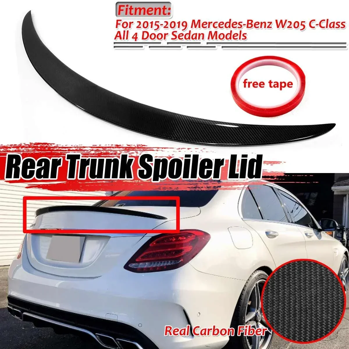 

Car Real Carbon Fiber Boot Spoiler Wing Trunk Spoiler Wing For Mercedes For Benz W205 C300 C400 4MATIC 2015-2017