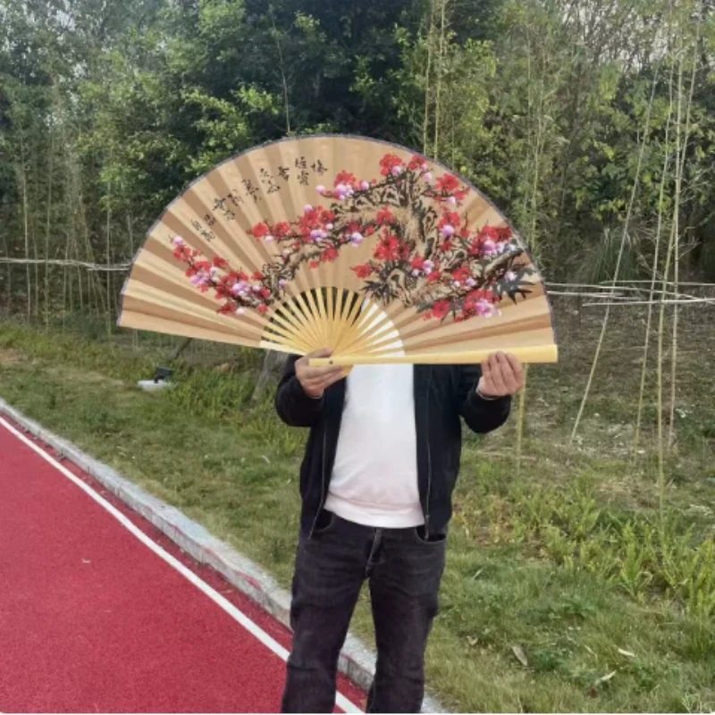 Red Fabric Wedding Decorative Folding Fan with White Plum Pattern Stage Background Hanging Ornament Gift Daily Fan Photo Prop