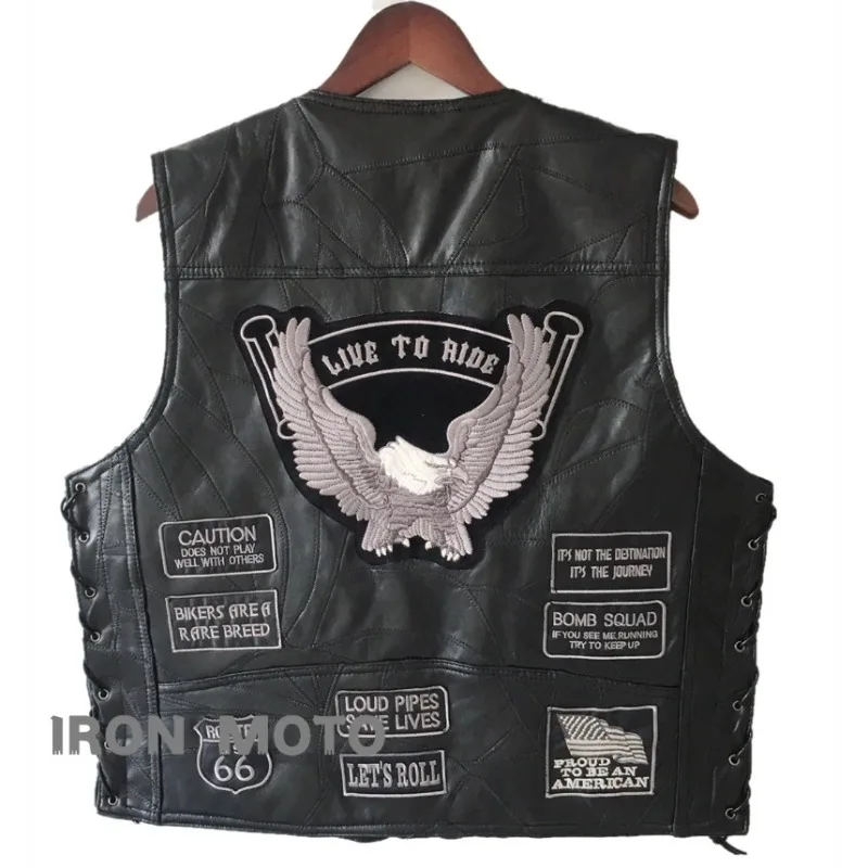 Mens Punk Motorbike Riding Waistcoat Black Leather Multi‑Patch Decor V‑Neck Snap Closure Side Lace‑Up Biker Vest With Pockets