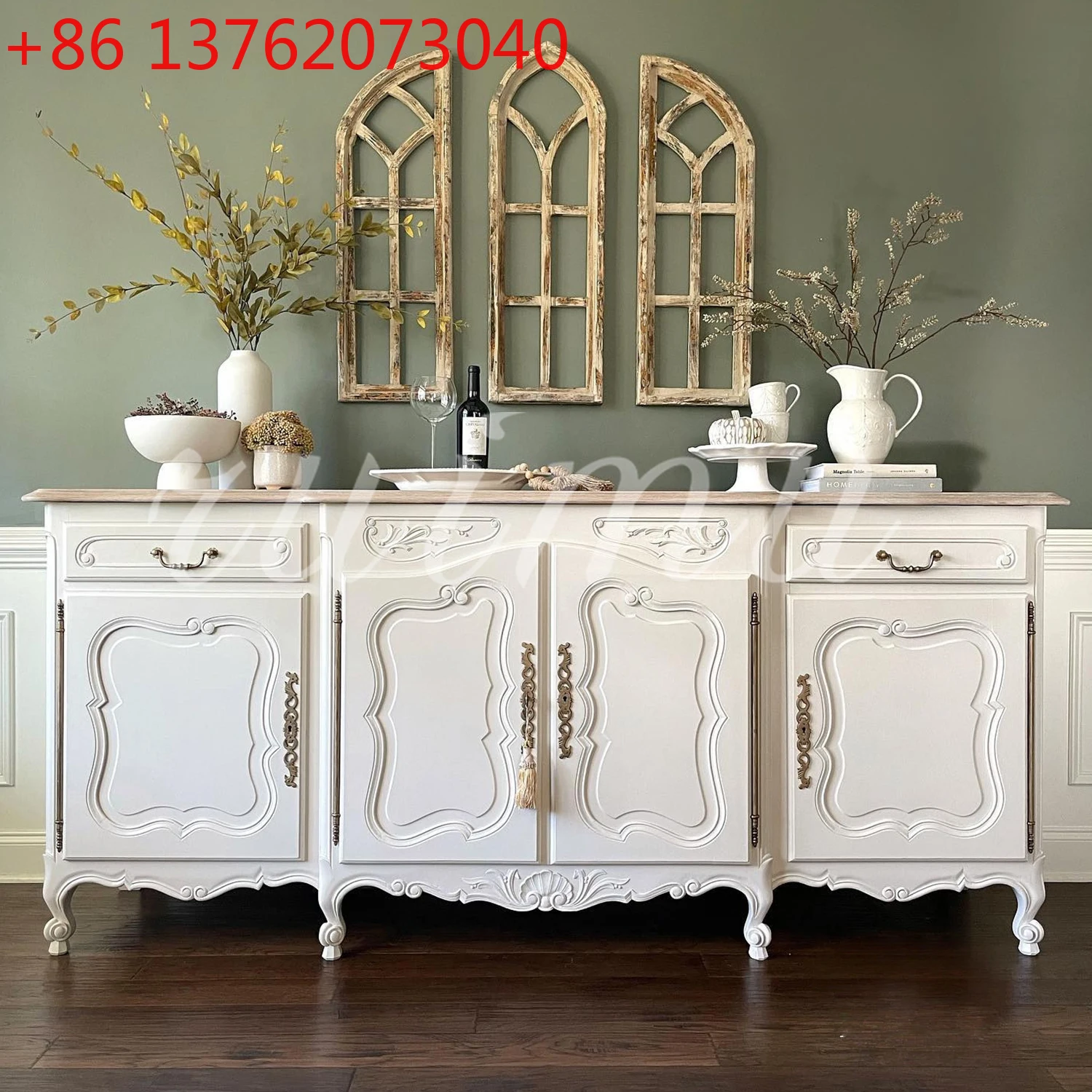 

French cream style solid wood dining side cabinet living room parquet locker American retro