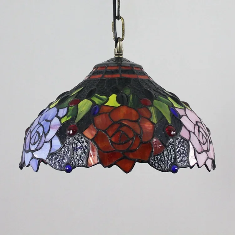 Glazed lamp stained glass retro bar restaurant art chandelier 0CM black background rose flower