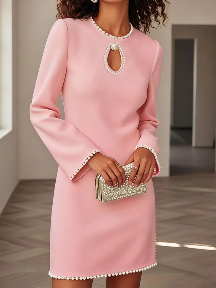 Chique mini-jurk met lange mouwen, dames lente herfst O-hals eenvoudige feestjurk, 2026 effen patchwork zoete damesjurk