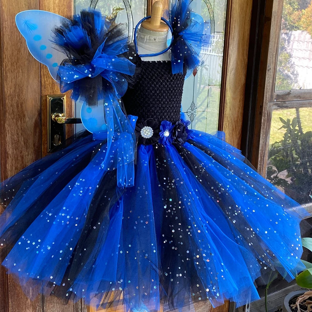 Baby Girls Blue Black Glitter Tutu Dress Kids Flower Fairy Dresses with Butterfly Wing Stick Hairbow Set Children Party Costumes