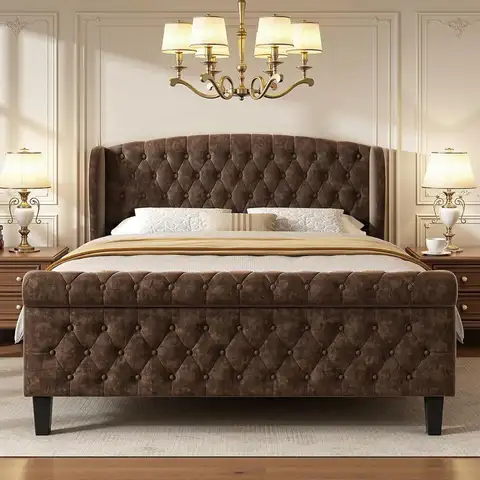 Queen Size Sleigh Bed Frame with Wingback Headboard, Chenille Upholstered, Button Tufted Scroll Footboard, Wood Slat Support, No