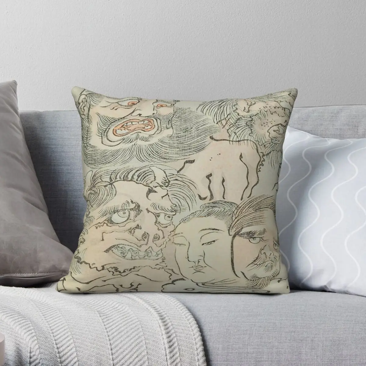 Kawanabe Kyōsai Yōkai Square Pillowcase Polyester Linen Velvet Pattern Zip Decor Throw Pillow Case Sofa Cushion Cover 45x45
