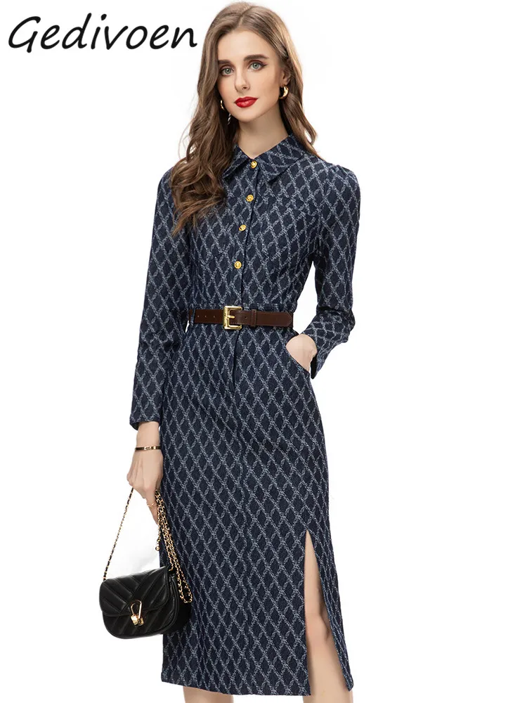 

Gedivoen Autumn Fashion Runway Vintage Plaid Print Dress Women Lapel Sashes Single Breasted Package Buttock Slit Slim Midi Dress