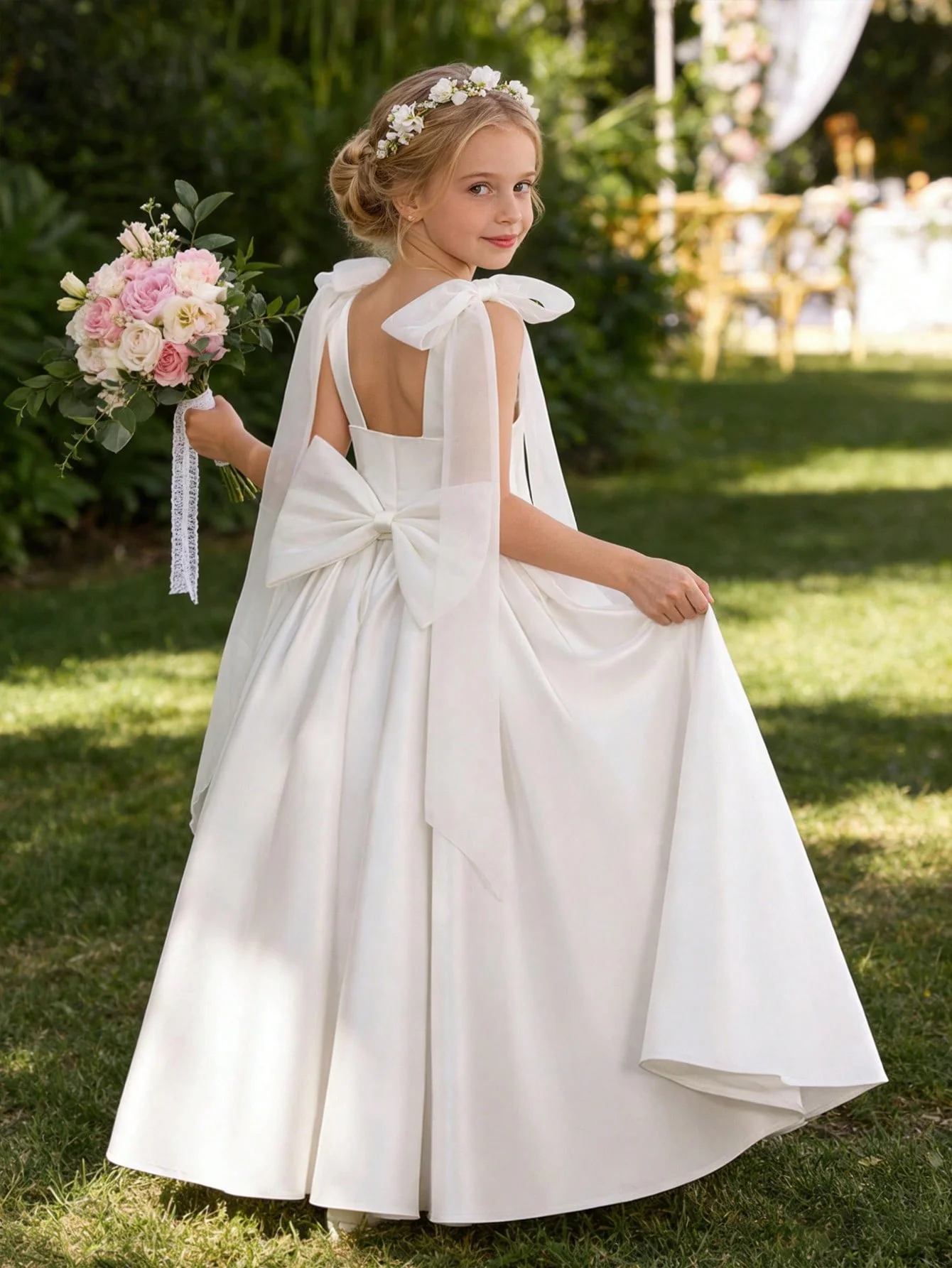 Children's White Wedding Dress 2026 Simple V-Neck Shawl Long A-Line Flower Girl Dress Girl's First Communion Formal Dress