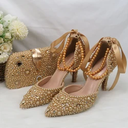 2023 New Arrival Female Sandals Wedding Crystal Bridal shoes and bag set woman Fashion Thin Heel Bling Pearl fashion Sandals