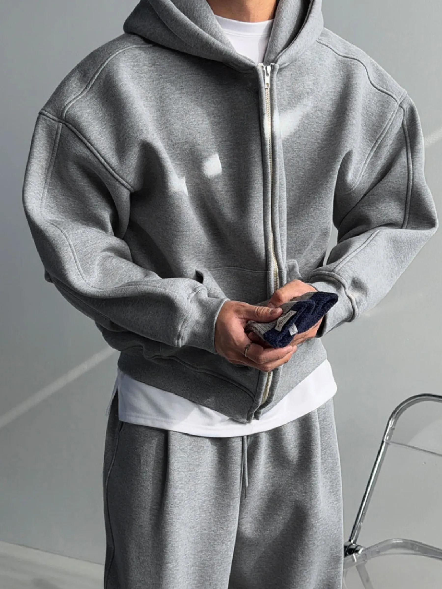 Moletom Masculino com Capuz e Bolso Canguru, Caimento Solto, Cinza, Estilo Coreano, Casual, Jaqueta de Moletom para Jovens, M...