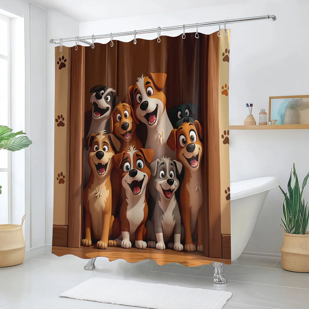 Cute Dog Pack Shower Curtain, Funny Cartoon Puppy Waterproof Bath Curtain, Pet Lover Animal Bathroom Decor for Kids & Teens