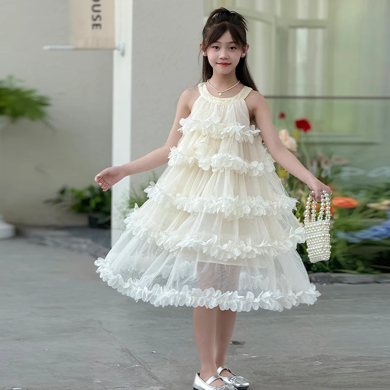 2025 summer new children's petal princess dress sleeveless round neck girl's dress multi-layer baby cake skirt