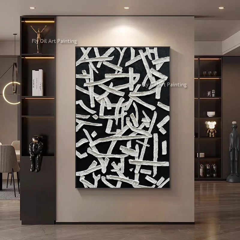 Black And White Abstract Knife Thick Oil Painting On Canvas Hand Drawn Gray Black Texture Artwork Original Design Wall Art Decor