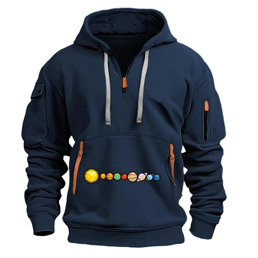 Solar System Planets Print Men's Half Zipper Hoodie Spring And Autumn Sweatshirt 2025 New Casual Pullover Clothes