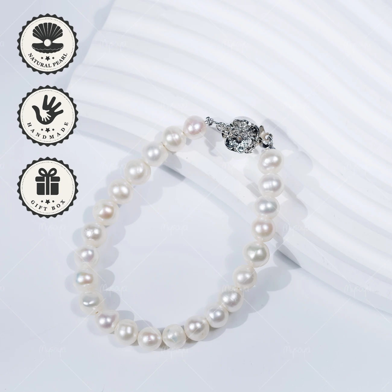 

MYSOYA 6-7mm White Freshwater Pearl Bracelet with Silvery Flower Clasp, With Gift Box, Birthday Gift, Valentine’s Day