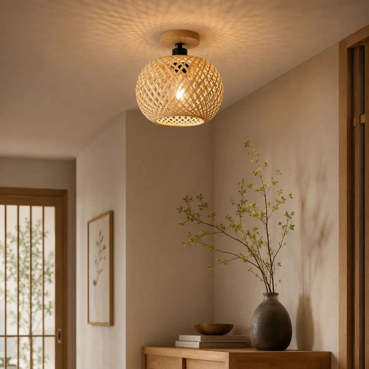 JOYINLED Handwoven Rattan Shade Boho Farmhouse Fixture, 1/2PCS 20cm Bamboo Flush Mount Ceiling Light for Bedroom Hallway Kitchen