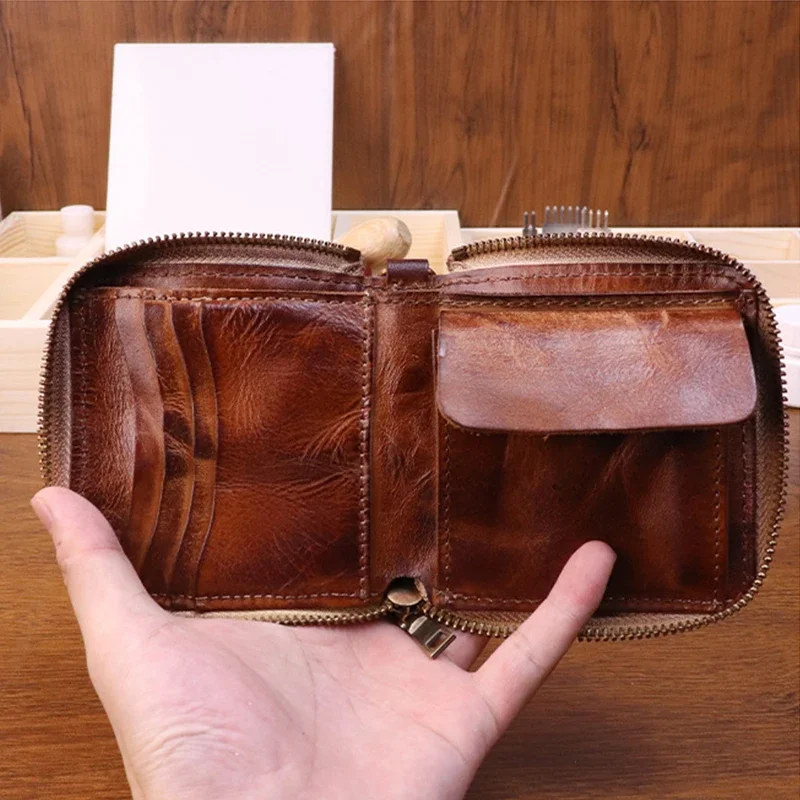 Orijinal deri cüzdan Vintage kat tasarım erkekler kısa çantalar kredi kimlik banka fermuarlı bozuk para cüzdanı hakiki deri cüzdan