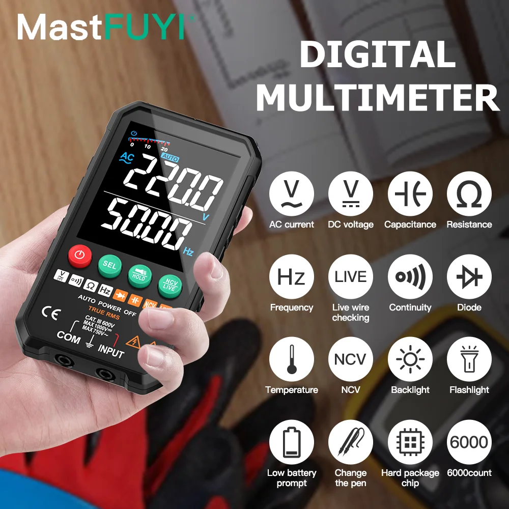Mastfuyi-multímetro Digital Inteligente ac dc Tensão Resistência Tester Medição de Continuidade Ncv Test Meter Alcance Automático
