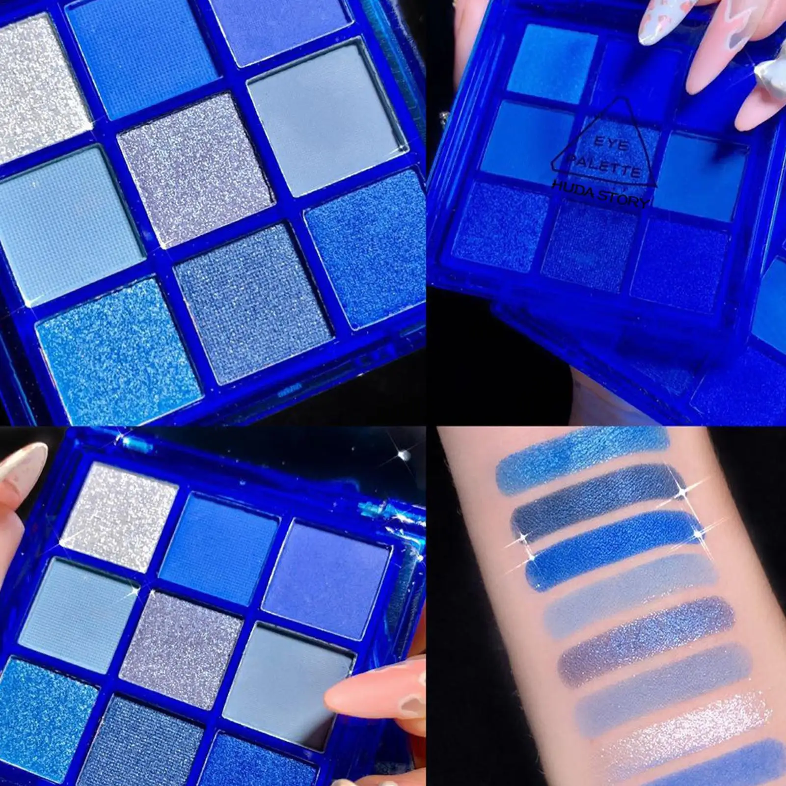 Paleta de sombras azuis, 9 cores, à prova d'água, suor, azul, fosco, pérola, glitter, acabamento, performance, palco, maquiagem, festival de música