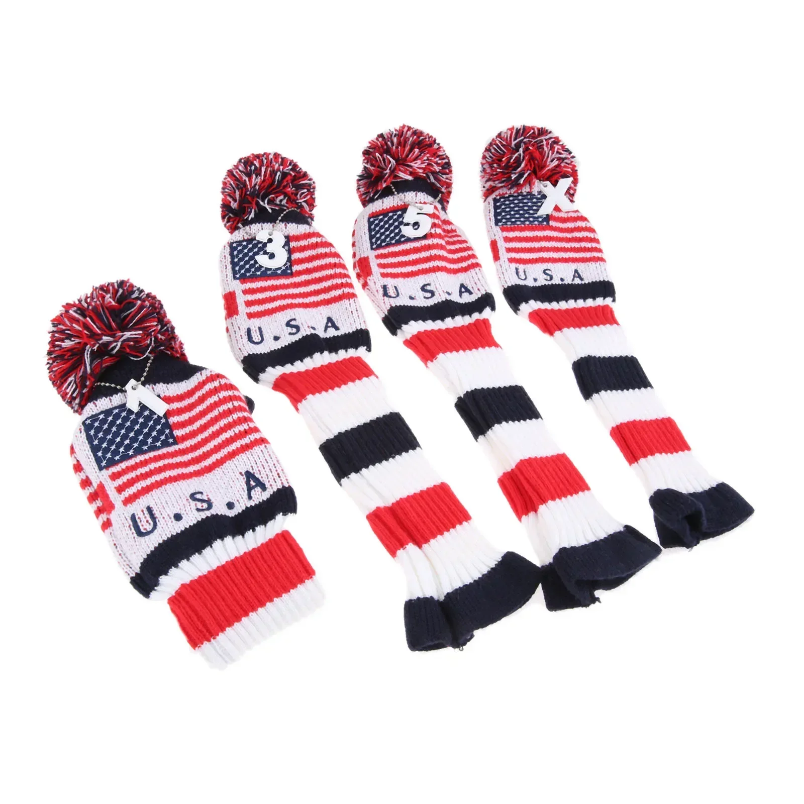 

4 Pcs Knitted Fabric Golf Headcovers Golf Wood Club Head Covers Protect Set With Number 1,3,5,X Flag Style