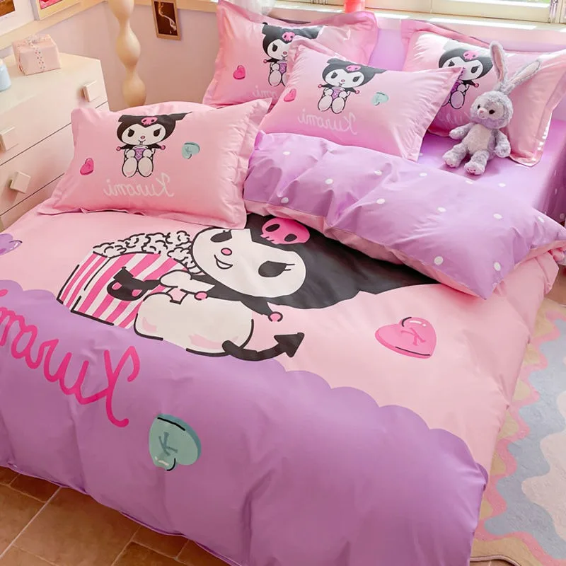 Кровать с рисунком Hello Kitty Kuromi Pochacco, комплект из четырех предметов из чистого хлопка, пододеяльник для студенческого общежития, простыня, комплект из трех предметов