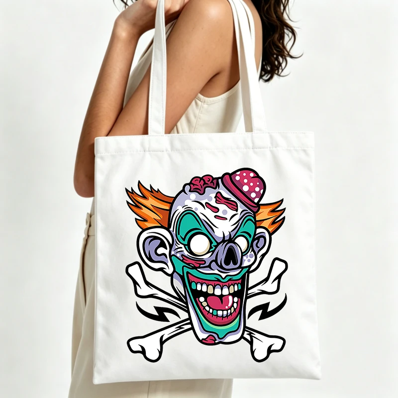 skull clown graphic canvas tote bag, streetwear style for casual shopping and daily use