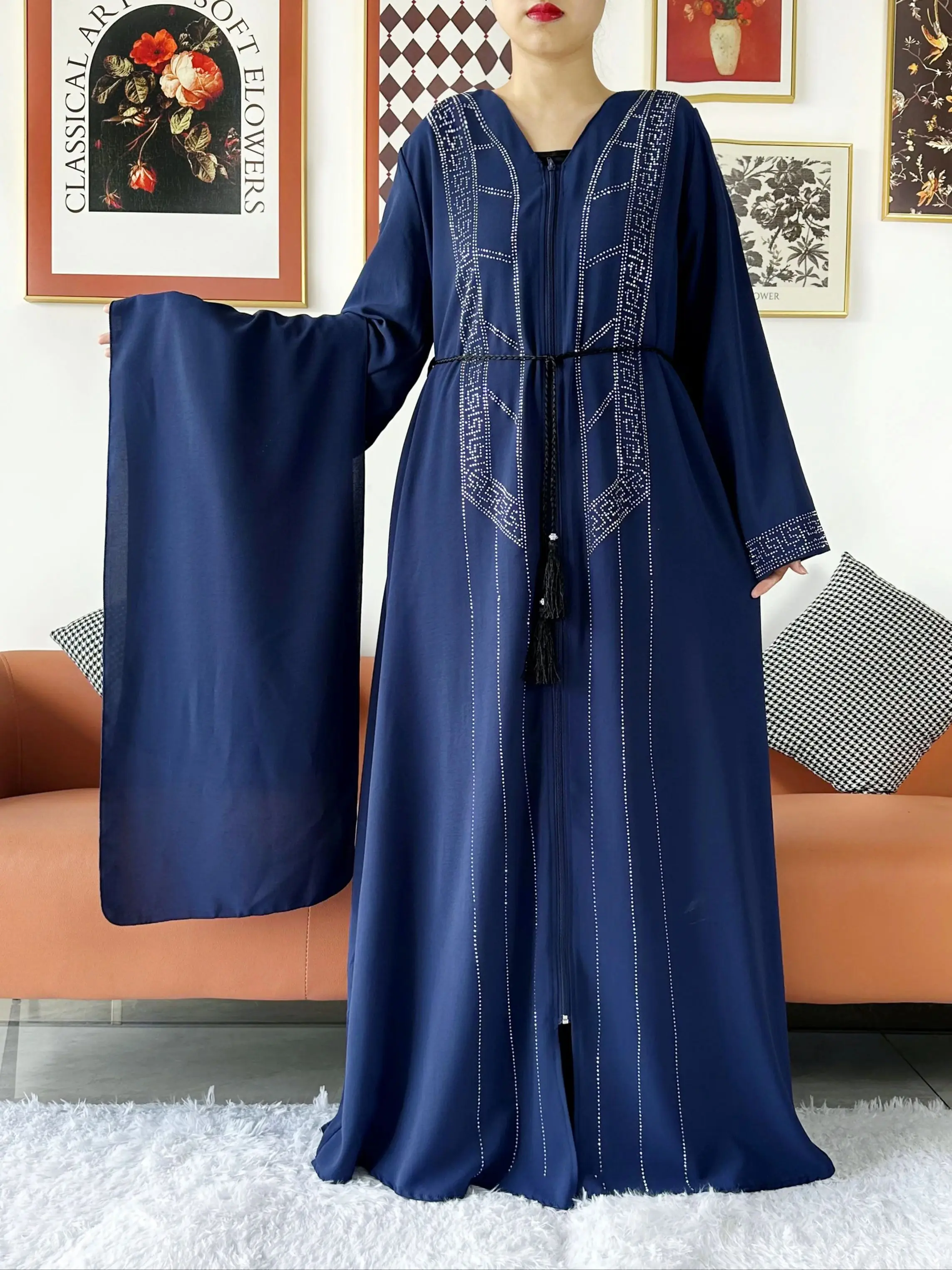 New Women Elegant Dress Chiffon Open Abaya with Zipper Muslim Women Dress Islamic Clothing Cardigan Abaya Women Muslim Dress