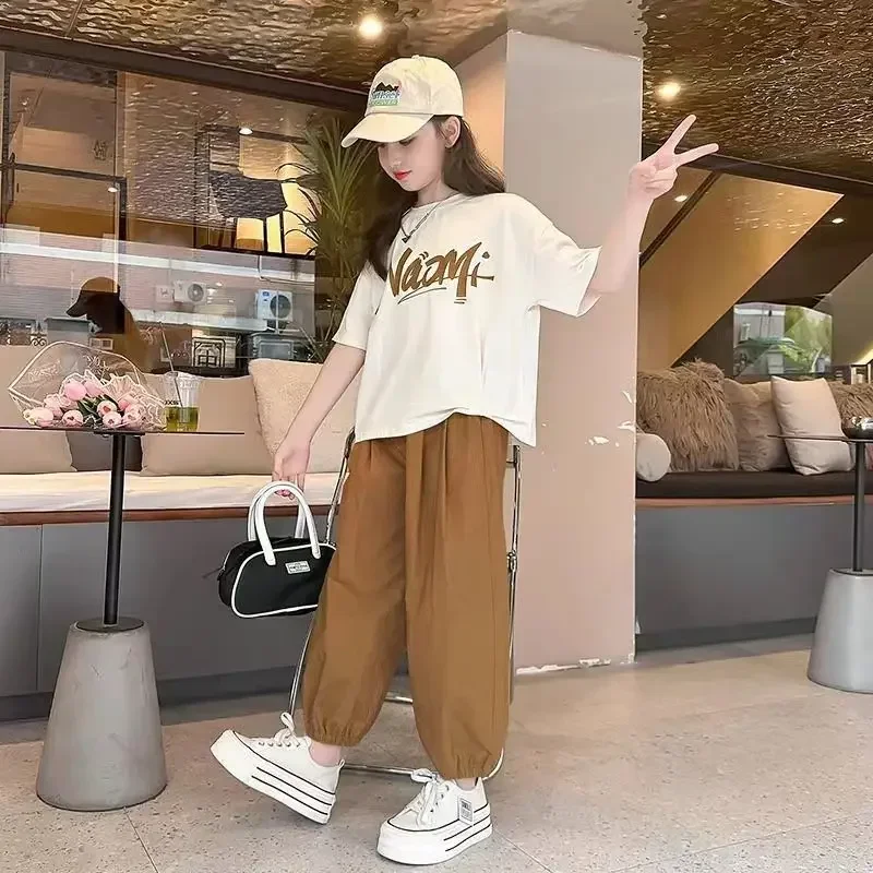 Girls Summer Casual 2Pcs Short Sleeved T-shirts+Jogging Pants Suits 3-13 Years Teenage Teenage Kids Oufits Sets Children Clothes