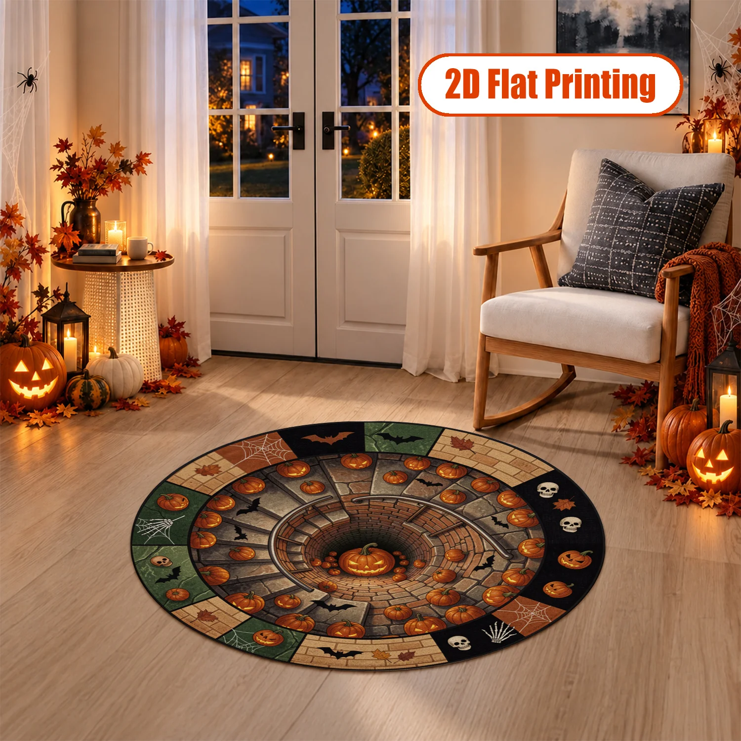 Halloween Spiral Well Pumpkin Bat Skull Cobweb Pattern Round Velvet Rug Machine Washable for Living Room Bedroom Entryway Dining Room Thanksgiving Black Friday Cyber Monday Christmas New Year