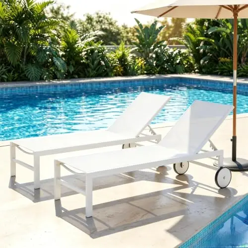 Patio Chaise Lounge Outdoor Set of 2, Pool Lounge Chairs for Outside w/5-Position Adjustable Backrest & All Weather
