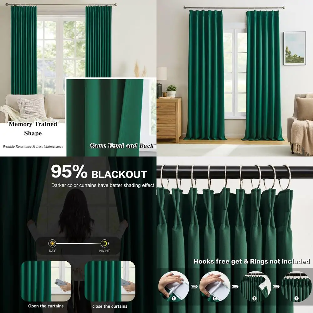 

Термоизолирующие шторы с плиссировкой и крючками, темно-зеленые, 40x92 дюйма, комплект из 2 панелей для гостиной