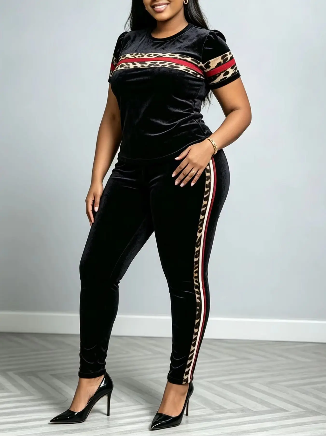 2026 AUTUMN NEW WOMEN VELVET ROUND NECK SHORT‑SLEEVE TOP LEOPARD COLOR‑CONTRAST SLIM‑FIT LONG PANTS TWO‑PIECE SET