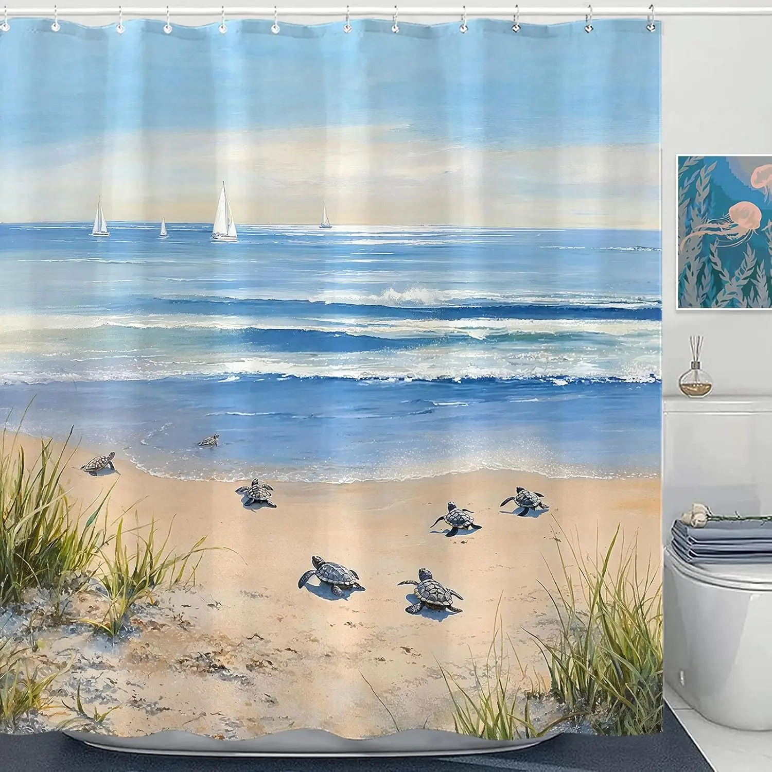 

Beach Turtle Sea Sunset Landscape Shower Curtain Ocean Waves Sand Shoreline Nature Theme Bathroom Decor Print