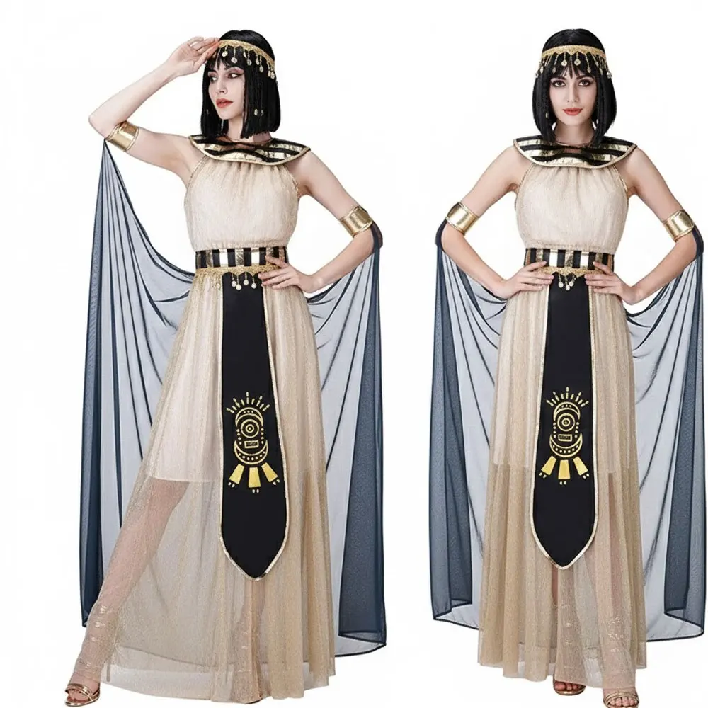 エレガントなゴールデン-クレオパトラ-コスプレ-ドレス--女性用エジプトファラオコスチューム、頭飾り付き衣装