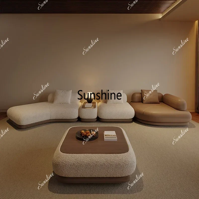 Italian Minimalist Lamb Wool Splicing Modular Sofa Curved Armrest Design Villa Living Room Complete Set Guest Sofa