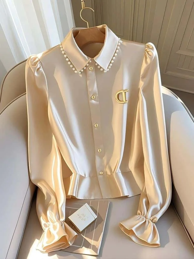 Women\'s White Shirt Satin Turn Down Collar Long Sleeve Blouses 2025 New Spring Autumn Fashion Casual Single Breasted Female Tops