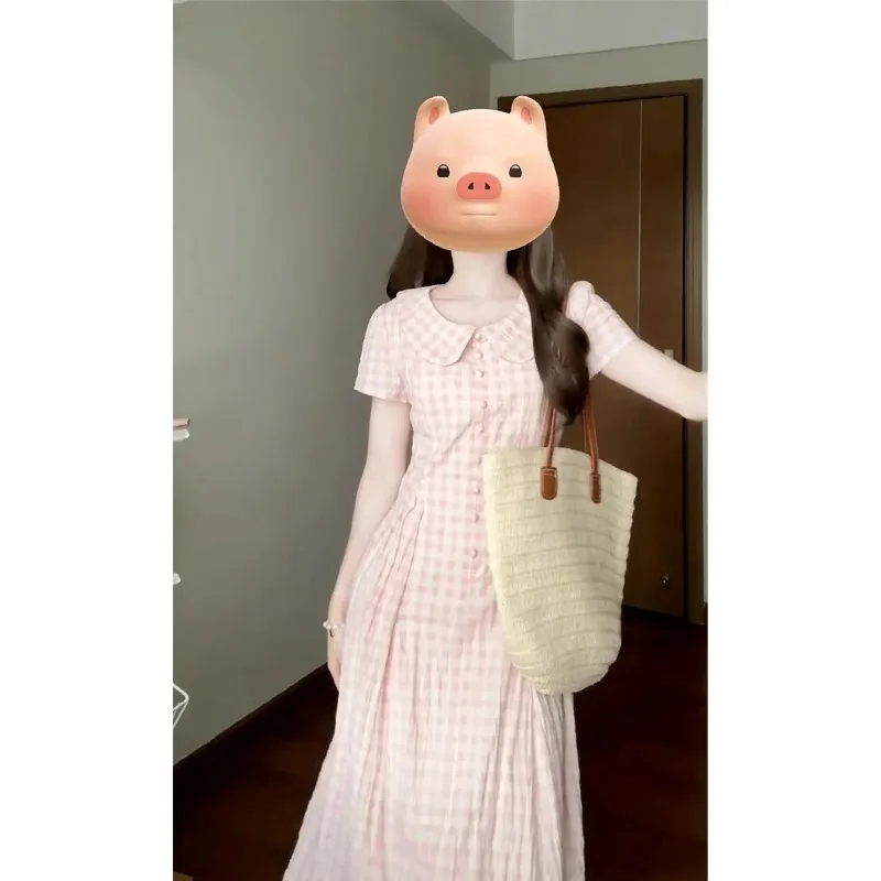 Women's Pink Gingham Peter Pan Collar Midi Dress Casual Short Sleeve Button Front Pleated A-Line Long Dresses view 4