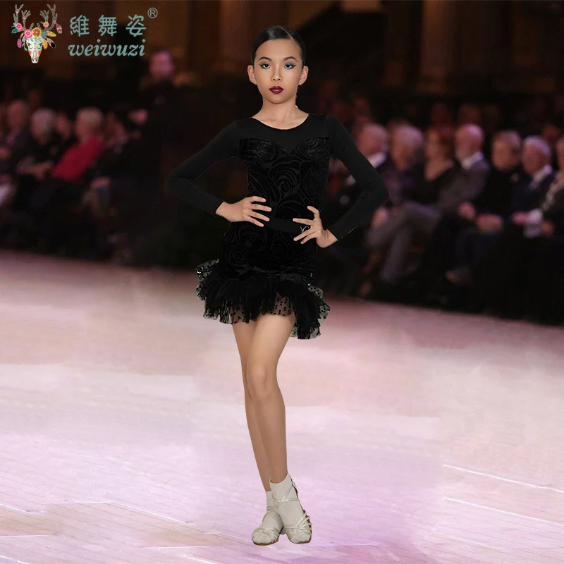 Dziecięca Sukienka do Tańca Latynoamerykańskiego Standard Narodowy Dziewczęca Sukienka Balowa z Długim Rękawem Kostium do Tańca Towarzyskiego Strój do Tańca dla Dzieci Biały