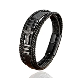 High Quality Vintage Men's Cross Leather Bracelet Men Classic Bracelet Black Charm Multilayer Braided Fashion Jewelry Gift
