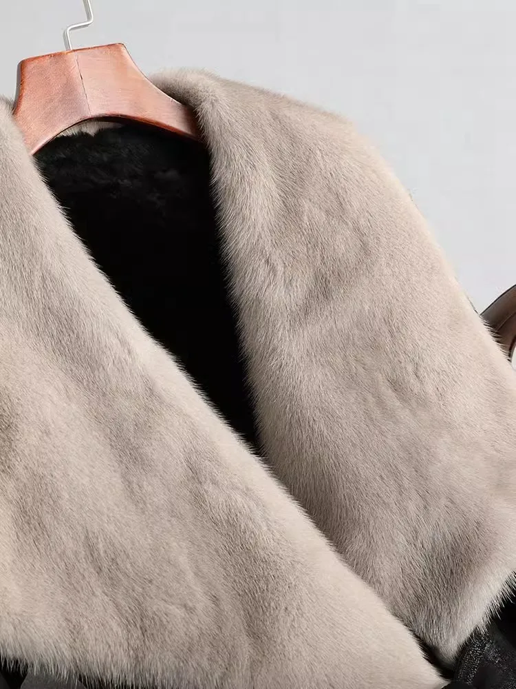 Original Eco Vintage Real Fur Elegant Mink Fur Collar Winter Warm Wool Liner Women Medium Long Genuine Leather Shearling Coat