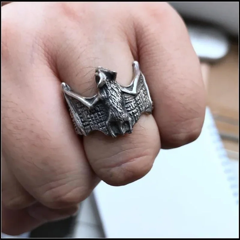 Retro Dark Bat Ring For Men Gold Silver Color Street Punk Gothic Adjustable Ring Handmade Jewelry Accessories Man Gift Halloween